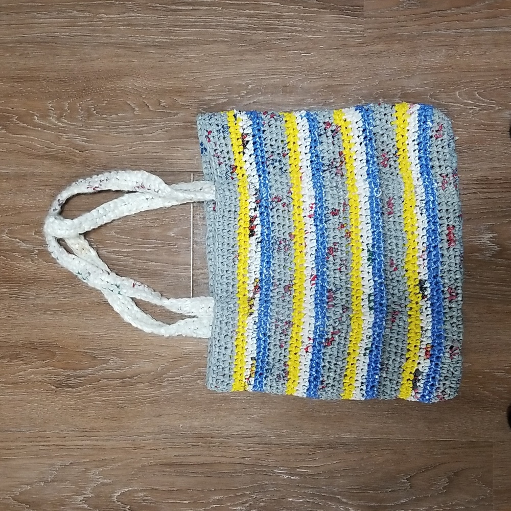 Handmade Tote Knit Woven Plastic Bags Cottagecore Coastal Upcycled Green Eco